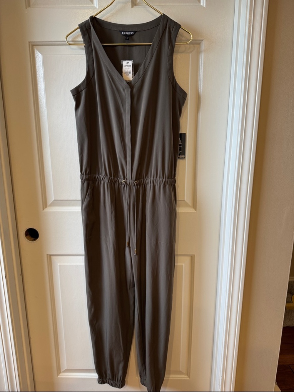 Express Sleeveless V-Neck Jumpsuit in Olive Brown